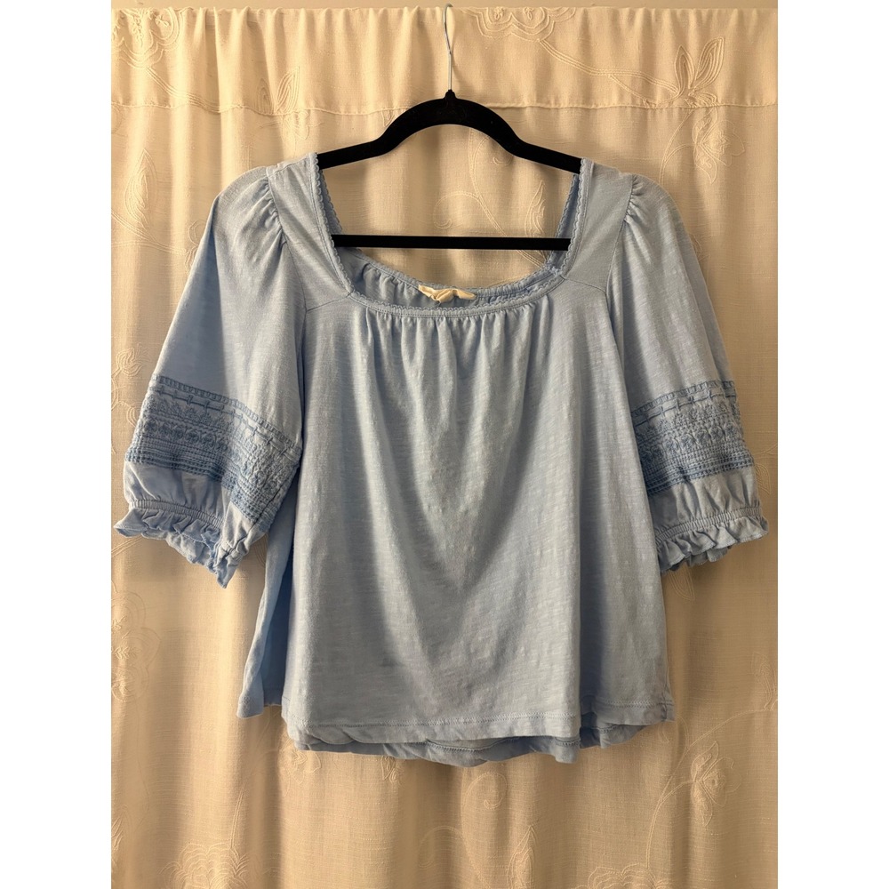 Lucky Brand Blue Soft Boho Embroidered Puff Sleeve Square Neck Peasant Top Small